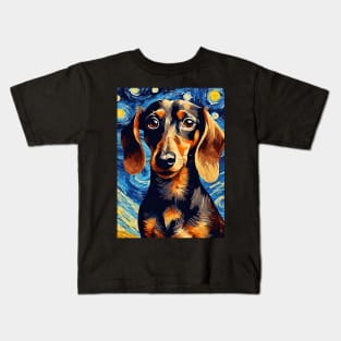 Dachshund Dog Breed in a Van Gogh Starry Night Art Style Kids T-Shirt